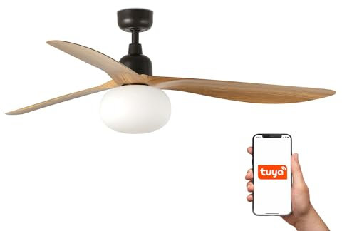 FARO Outwood Large 3 Blade Ceiling Fan Dark Brown, Oak Wood with Light 1x E27 Tuya Smart System