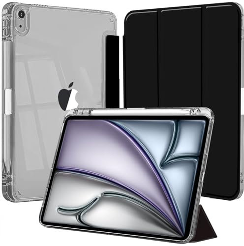 Funda para iPad Air 11 Pulgadas M3/M2 (2025/2024), iPad Air 5/4 10,9 2022/2020 con Portalápiz, Clara Transparente Carcasa Trasera Soporte Antigolpes Cover Tableta, Negro