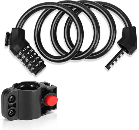 Antivol de vélo avec support de montage - Combinaison à 5 chiffres - 120 cm/12 mm de long - Cadenas de vélo haute sécurité pour vélo électrique, VTT, extérieur - Accessoire de portail de ski