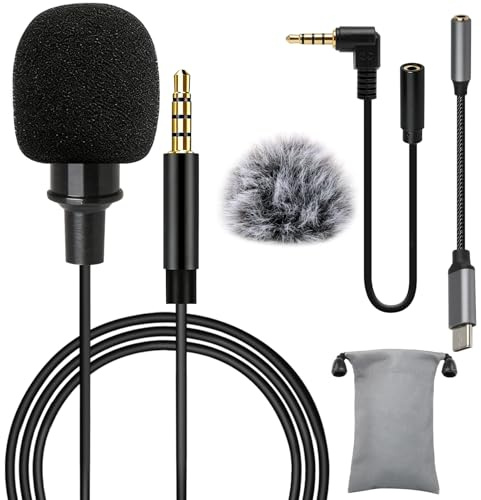 Lavalier Mikrofon, Mikrofon Klinke 3,5, 2m Mini Omnidirectional Kondensator | Type C Adapter und Windschutz mit Adapterkabel für Computer Mac Laptop Skype Aufnahme Interviews Podcast Gaming