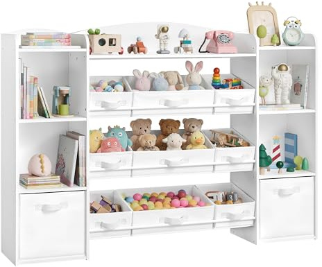 SONGMICS Étagère à Jouets pour Enfants, Bibliotheque Enfant, Meuble de Rangement Esprit Montessori, 11 boîtes en Non-tissé, pour Chambre d’Enfant, 30 x 143,8 x 104 cm, Blanc Nuage GKR062WB01