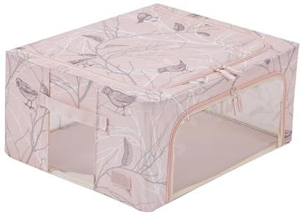 Periea ‘Beau’ Folding Collapsible Stackable Fabric Home Storage Boxes with Steel Frames (Blush Birds, Medium)