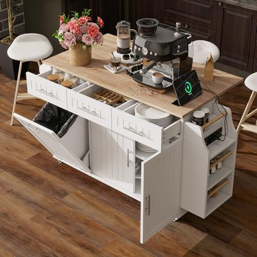 Postre isla de cocina sobre ruedas con USB, mueble de cocina con encimeras abatibles y compartimento de basura, 3 cajones, 2 puertas, portapaños de cocina, estante para especias de 3 niveles, color