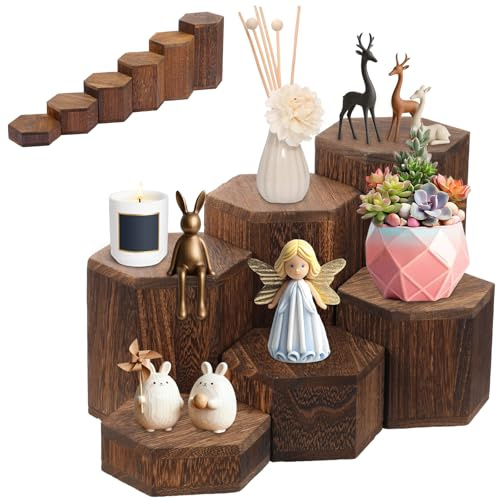 shaojian Natural Wooden Display Stand 6 Pcs Hexagon Display Risers 1-6inch Height Graduated Step Organiser for Jewelry Perfume Figurine Candles and Small Collectibles(brown)