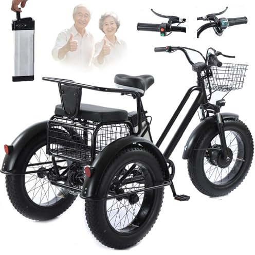 Triciclo Eléctrico Para Adultos,Con Neumáticos Anchos Todoterreno De 20 X 4.0,Cesta De La Compra Y Asiento Trasero,Batería Extraíble De 48v/12ah,Carga 200 Kg,Ideal Para Ir De Compras, Pícnics