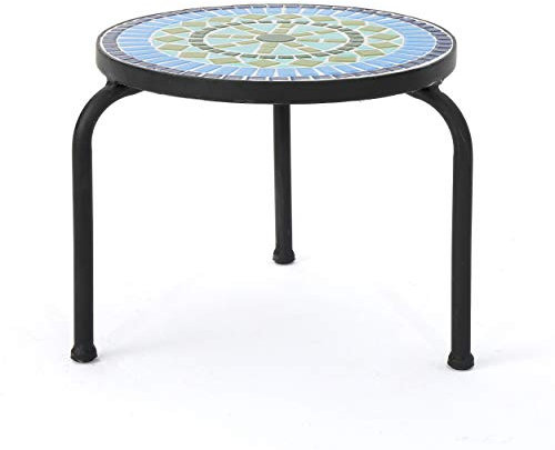 Christopher Knight Home Iris Outdoor Keramikfliesen-Beistelltisch mit Eisengestell, Blau/Grün