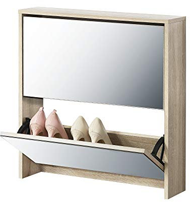 [en.casa] Schuhschrank Lund Schuhkipper mit 2 Klappen verspiegelt Schuhkommode für 6 Paar Schuhe 67 x 63 x 17 cm Sonoma-Eichenoptik