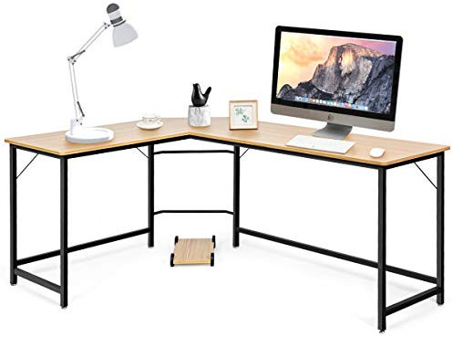 DREAMADE Schreibtisch Computertisch in L-Form, Bürotisch Eckschreibtisch aus Holz und Stahl, Winkelschreibtisch für Zuhause Büro (Natur)