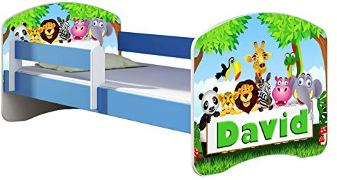 ACMA Kinderbett 140x70 cm Blau mit Matratze & Lattenrost – Jugendbett ab 3 Jahren mit Rausfallschutz, personalisiertes Motiv 01 Zoo Name, stabiles Kinderbett für Kinderzimmer, belastbar bis 120 kg
