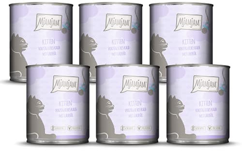 MjAMjAM - Premium Nassfutter für Katzen - Kitten vorzügliches Kalb mit Lachsöl, 6er Pack (6 x 800 g), getreidefrei mit extra viel Fleisch