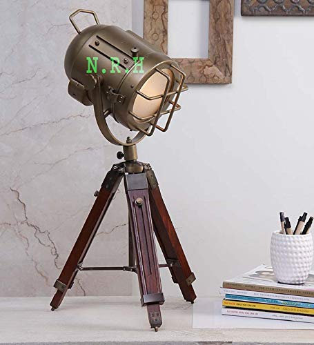 Nautical Replica Hub Hollywood Tripod Table Lamp Studio Spot Light Wooden Base Antique Finish