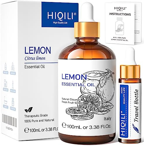HIQILI Lemon Essential Oil for Cleaning, Aromatherapy, Skin, Add to Spray, Diffuser, DIY - 100ml