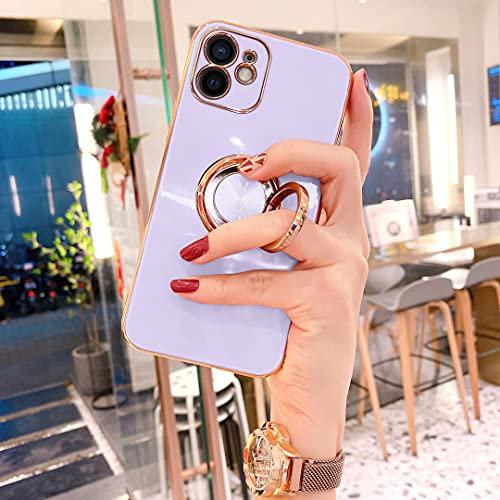 OWM iPhone 12 Case with Ring Holder Stand Magnetic Back Silicone Shockproof Gold Edge Luxury Designer Girls Women Soft Protective Phone Cover Compatible for iPhone 12-6.1 (Purple)