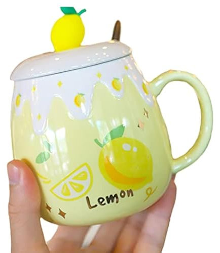 Unicorn Mug with Lid Spoon 3D Cute Ceramic Coffee Tea Cup Couple Mug Set Birthday Gift for Women Friend Lovers (yellow lemon, 500 ml)