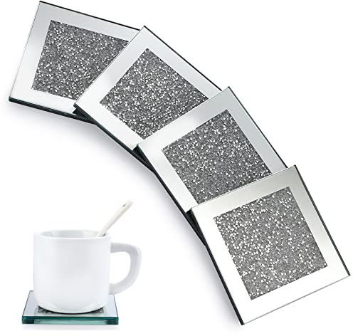 BTSKY 4 Stück Glas verspiegelt mit Crushed Diamonds Untersetzer für Kaffee-/Teetassen, quadratisch