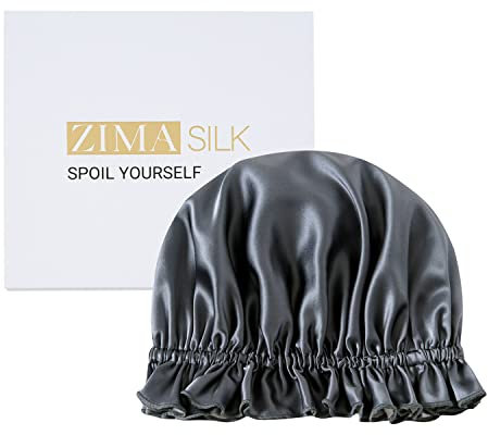 ZIMASILK Cuffia da donna in 100% seta di gelso, per la cura dei capelli, a doppio strato, per dormire, con elastico sulla testa (1 pezzo, grigio scuro + avorio)