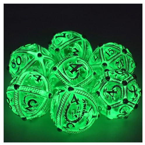 DND Würfelset, Einzigartiges Rundes Hohles Kugel Design für Besseres Rollen, ZHOORQI Drachen Polyedrische Würfel Set für Rollenspiele D&D Dungeons und Dragons Würfel Set Geschenke(Rund-Glow Green)