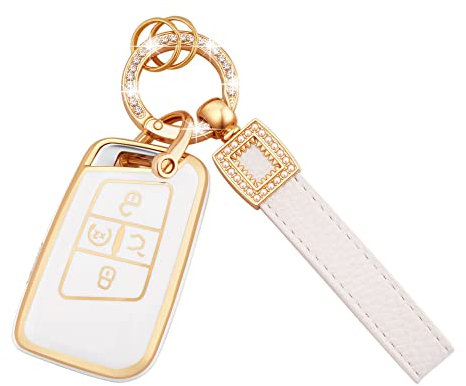 EKALA Coque de clé Volkswagen avec porte-clés en cuir, 4 boutons en TPU souple, blanc, compatible avec Volkswagen Tiguan, Atlas, Passat, Jetta, Golf Alltrack (P-Vlw)