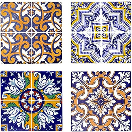 Set de x4 Posavasos Cuadrado Diseño Azulejo Hidraulico, Decorativo Vintage Colorido Elegante, Accesorio para Cocina, para Vasos, Vino, Cerveza, Café y Té, 11 cm