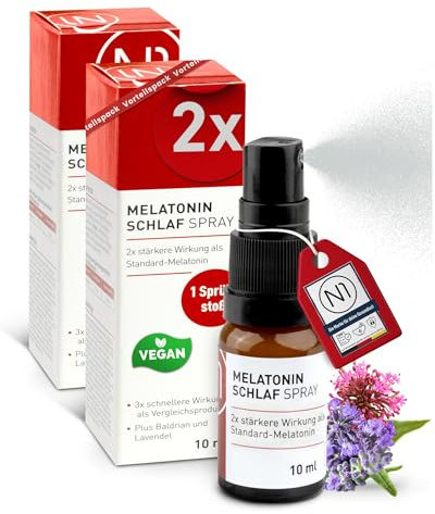 N1 Melatonin Schlaf Spray 2x10 ml - Einschlafspray mit Baldrian | Studie belegt 3 Mal schnelleres Einschlafen - 142 Tage Vorrat mit Lavendel, ohne Gewöhnungseffekt, für Reisen und unterwegs