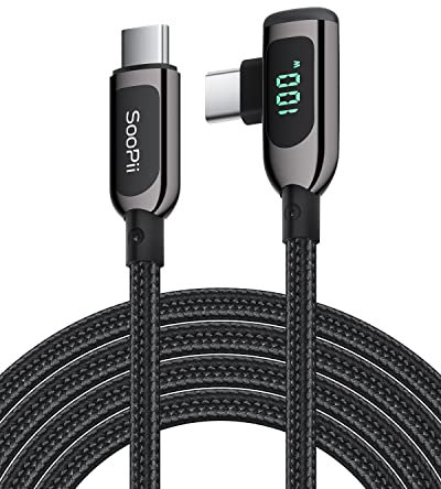 SooPii 100W rechtwinkliges USB-C-auf-USB-C-Kabel,2 m geflochtenes Typ-C-Kabel aus Zinklegierung mit LED-Anzeige für lphone 15, iPad Air/Pro,MacBook Pro,Galaxy S23/S22/S10,Pixel,LG(2m Schwarz)