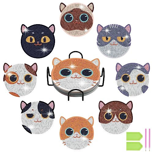 AUAUY 8 PCS DIY Diamant Peinture Dessous de Verre, Mandala/Animal Acrylique Coaster Kit avec Support, Diamond Painting Coasters pour La Maison, Bureau Adultes Enfants Débutants Amateurs d'art