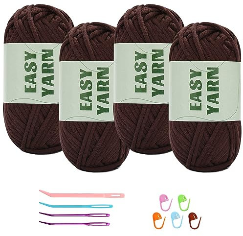 4 X 50g Häkelgarn Wolle zum Häkeln Dickes Garn Häkelwolle Easy Yarn Chenille Wolle zum Häkeln gut Sichtbare Maschen, Dicke Wolle zum Häkeln Dickes Baumwoll-Nylon-Dunkelbraunes mit Häkelzubehör
