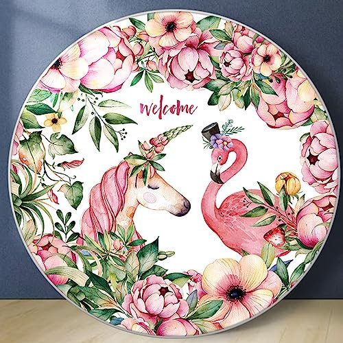 Teppich Rosa Flamingo Einhorn Outdoor Teppich Soft Teppich Rund Non-Slip Badezimmerteppich Waschbar Teppich Wohnzimmer Schlafzimmer Children's Room Teppiche Runder Teppich 120cm