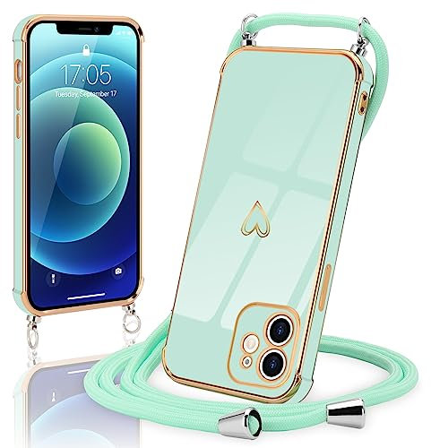 Micoden Handykette kompatibel mit iPhone 12 hülle Ultra dünn Kameraschutz Herz Love Design Galvanik Silikon Bumper Kordel zum Umhängen Handyhülle mit Band Schutzhülle,Mintgrün