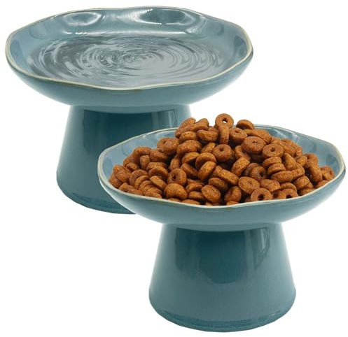 VCEPJH Elevated Cat Bowls 6.1in Shallow Cat Food Plate Pack of 2 Ceramic Raised Cats Dish Flat Anti Whisker Fatigue Wide Pet Food & Water Feeder for Indoor Kitty Kitten (Blue)