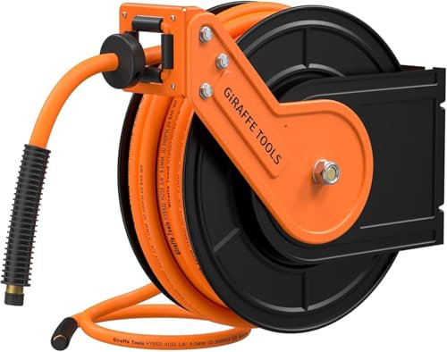 Giraffe Tools Retractable Air Line Reel 15m+1m, Wall Mounted with 3/8 Hybrid Air Hose, Max 300PSI Air Hose Reel, Pneumatic Heavy Duty Steel Case with 135° Adjustable Guide Arm, 1/4 Quick Coupler
