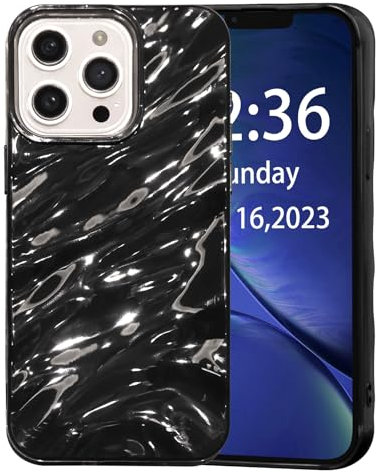 AKABEILA Case for iPhone 15 Pro Max Case 6.7 Inch Water Ripple Pattern TPU Phone Case Slim Shockproof 3D Non-Slip Glitter Sparkle Glossy Cover Black