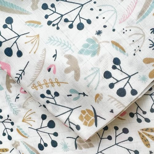 Textrend Baumwollstoff als Meterware - Baumwollmusselin - Stoff zum Nähen - 100% Baumwolle - Textilien 1x1,6m - Floral - Blumenmuster (Pastellfarbene Sträucher mit Eberesche auf weißem Hintergrund)