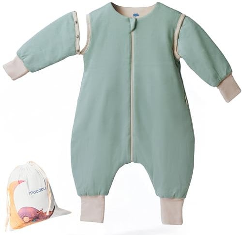 Mababu Ganzjahres Baby Schlafsack mit Füßen & abnehmbaren Ärmeln - 1.5 TOG - 100% GOTS Bio-Baumwolle - Ganzjähriger Kinderschlafsack mit Füßen- umklappbare Bündchen - Sea Green, 80cm