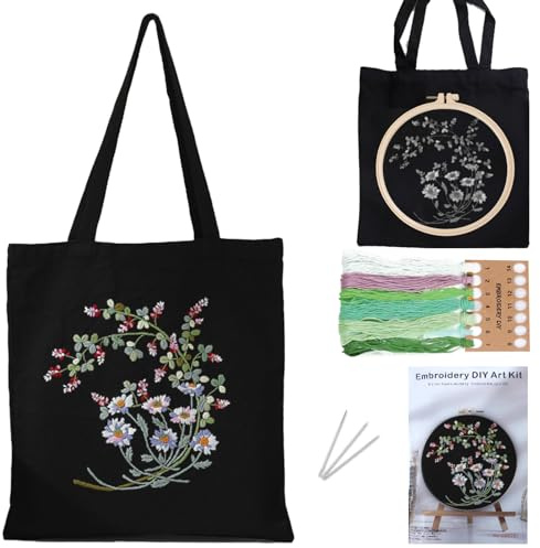 TYXHXTF Sticken für Anfänger Stofftasche Set, Sticken Set Erwachsene, DIY Bastelset Erwachsene, Enthalten Anleitung, Stickrahmen und Stofftasche mit Blumenmuster für Anfänger(Schwarz)