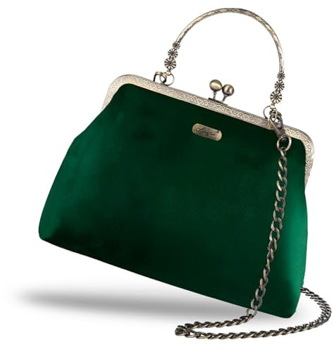 Abuyall Floral Top-Handle Handtasche Kiss Lock Abendtasche für Frauen Vintage Handtasche, Grün-Samt