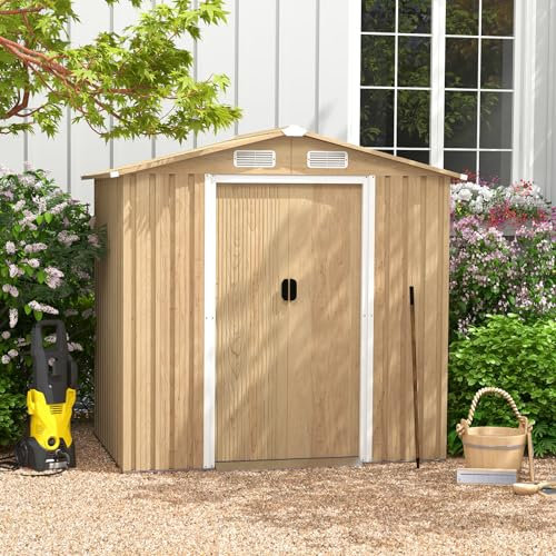 GOPLUS 2,34m² Abri de Jardin Naturel, Cabane à Outils de Jardin en Acier Galvanisé 4,36m³, Résistant aux Intempéries, Porte Verrouillable, Toit en Pente, Bouches d'Aération, (196,5x142,5x184.5cm)