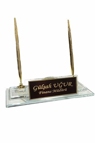 MOOGCO Plaque nominative de bureau personnalisée : plaque de bureau en verre noir avec horloge, porte-stylo avec 2 stylos, porte-cartes – plaque nominative de bureau (Double en verre avec horloge)