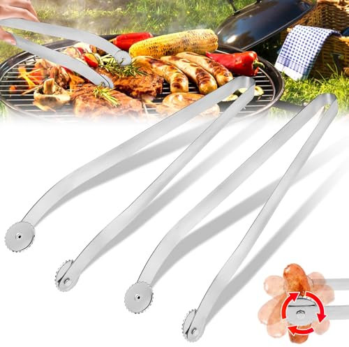 Vibbang Pince à saucisse BBQ, Pince Barbecue Inox à Roulettes, Pinces à Retourner Les Saucisses pour Barbecue, Pince à Grillade, Pinces pour Barbecue Cuisine Retourner le Viande et Légume (2PC 30cm)