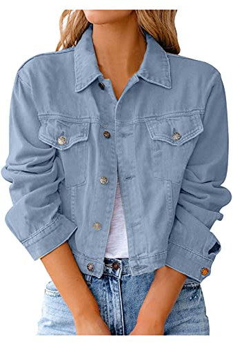 Veste basique en coton denim pour femme avec poches - Veste en jean - Taille S - Blazer long - Couleur unie - Veste décontractée - Coupe-vent - Élégant blazer d'affaires, zjsjm-B-bleu clair, L