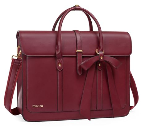 MOSISO Laptoptasche Damen 17,3 Zoll, PU Leder Handtasche Schultasche | Aktentasche Arbeitstasche Uni Tasche Büro Reisen Schultertasche Umrüstbar auf Rucksack mit Schleifenknoten, Weinrot