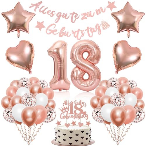 18. Geburtstag Mädchen, 18 Geburtstag Deko Roségold, 18 Jahr Geburtstagdeko mit Alles Gute zum Geburtstag Girlande Tortendeko, Zahlen Luftballon 18 Geburtstag, Konfetti Ballons, Herz Folienballon