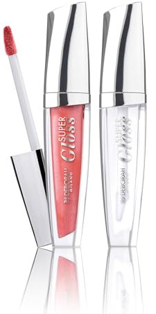 Deborah Milano -Set Makeup Super Gloss Lucidalabbra, N.05 Pearly Coral e N.01 Transparent, Lip Gloss Volumizzante e Brillante con Acido Ialuronico, Dona Labbra Soffici, Levigate e Idratate, 4.5 gr