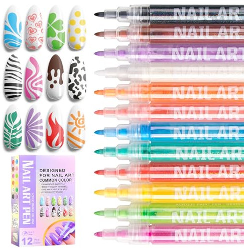 Nail Art Pens,12 PCS Nail Point Pen Nail Art 3D Pen, Nail Art Tools for Nail Polish Pens Drawing Painting Point, Nail Varnish Pens for Nails Art Design, Nail Art Kit for Home Salon