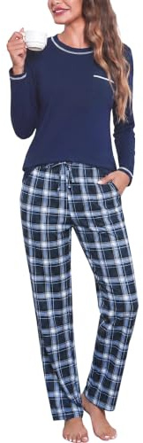 Irdcomps Pyjama Femme Hiver Coton Ensemble Long Manches Longues | Vêtements de Nuit Femme Deux Pièces Loungewear Pantalon de Pyjama Modèles à Pois ou à Carreaux avec Poches Doux Confortable
