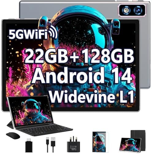 2025 Newest Tablet 10 Inch Android 14 Tablets, 22GB RAM+128GB ROM(TF 1TB), 8000mAh, 8-Core 2.0 GHz, 5G WiFi, Widevine L1, Netflix FHD, 8+5MP, GMS | BT5.0 | Face ID, Tablet with keyboard&Mouse, Grey