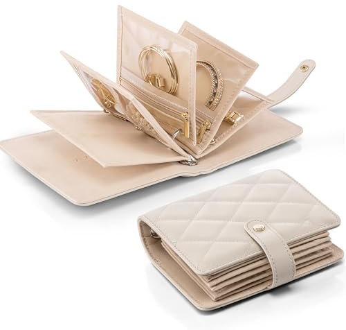 Vlando Reise-Schmuckkästchen, Faltbarer Schmuck-Organizer, Schmuckkoffer mit 5 Stück Samt-Schmuckbeutel Tasche für Halskette, Ohrringe, Armbänder, Ring, Broschen, S (Weiß)