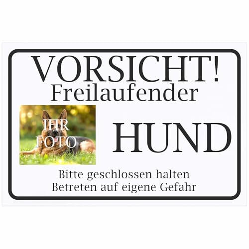 INDIGOS UG - Schilder selbst gestalten - Schild personalisiert - Vorsicht Freilaufender Hund - 20x15 cm bis 80x60 cm - Achtung Hunde - Aluverbundplatte 3mm - UV beständig - mit Ihrem Foto