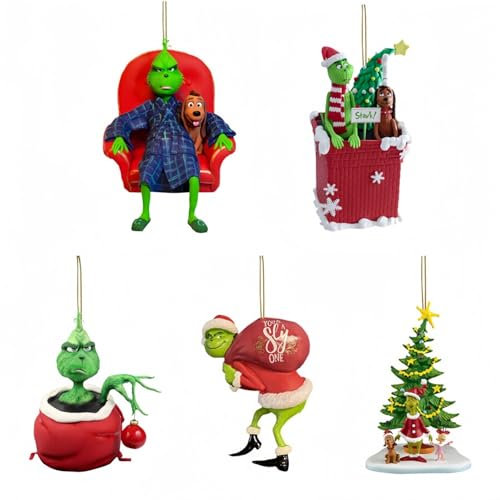 FENGSHENG-SHOP Grinch Christmas Ornament Decorations, 5PCS 2D Flat Acrylic Stocking Cap Funny Santa Ornament Decorative Xmas Decor Ornaments Party Gifts