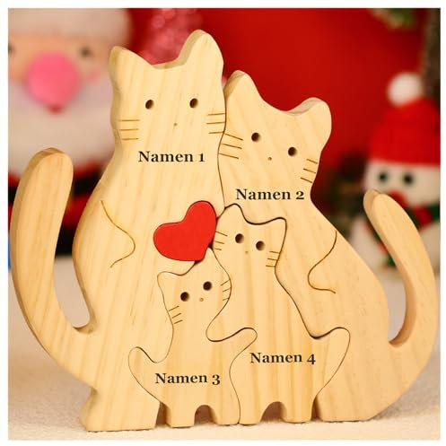 NGTSFLY Personalisierte Bärenfamilie Holzkpuzzle Geschenke – mit 2-9 Namen – Familien Geschenk – Holz Bär Skulpturen als Desktop Ornament, Tischdekoration (Kätzchen)
